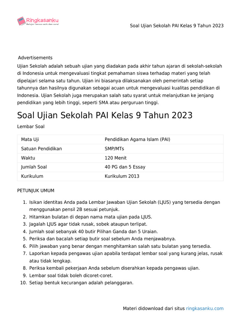 5 Fakta Mengejutkan Soal Ujian Sekolah PAI Kelas 9 yang Wajib Kamu Tahu
