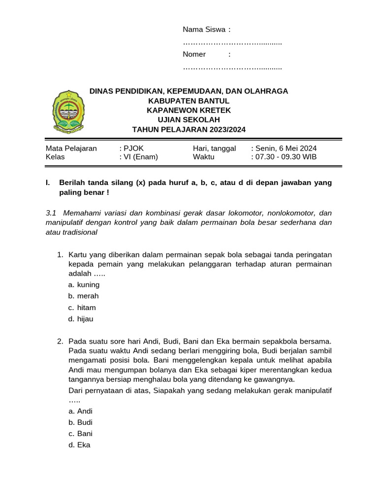 Ujian Sekolah PJOK Kelas VI 2024 PDF