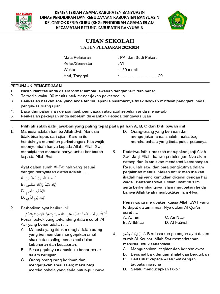 Ujian Sekolah PAI Kelas VI Banyuasin PDF