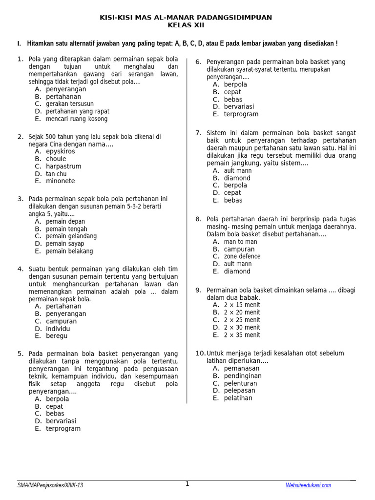 Kisi-Kisi Ujian Penjas Kelas XII PDF
