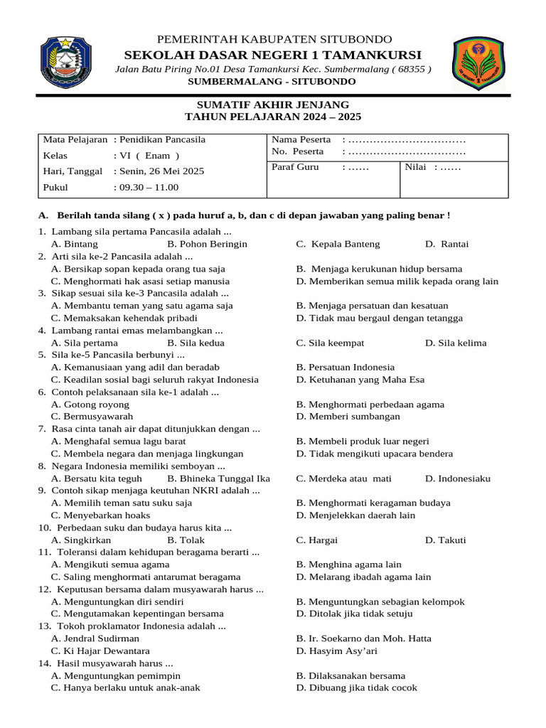 Ujian Akhir Pendidikan Pancasila Kelas VI PDF