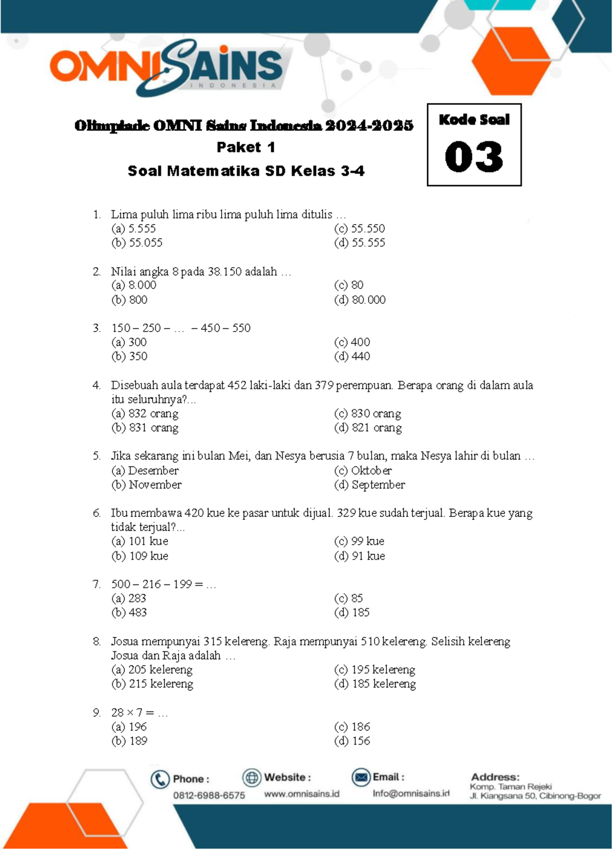 Olimpiade OMNI Sains Indonesia Paket 1 Soal Matematika SD Kelas MTK 3-4