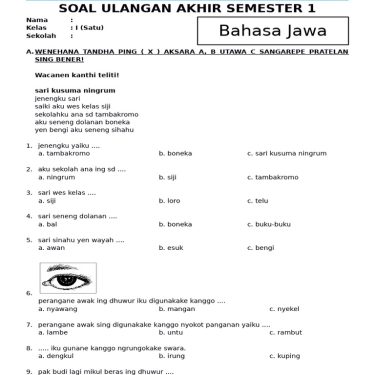 5 Lembar Kerja Soal Bahasa Jawa Kelas 1 SD Semester 2 Siap Cetak, Wajib Dicoba!