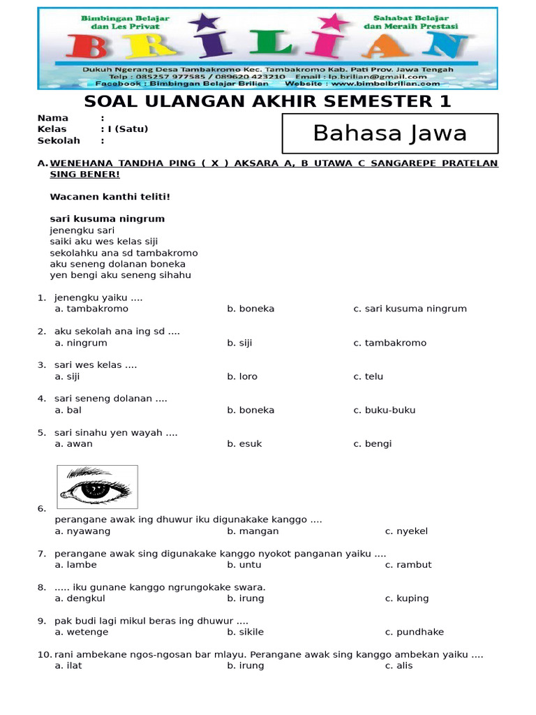 5 Lembar Kerja Soal Bahasa Jawa Kelas 1 SD Semester 2 Siap Cetak, Wajib Dicoba!