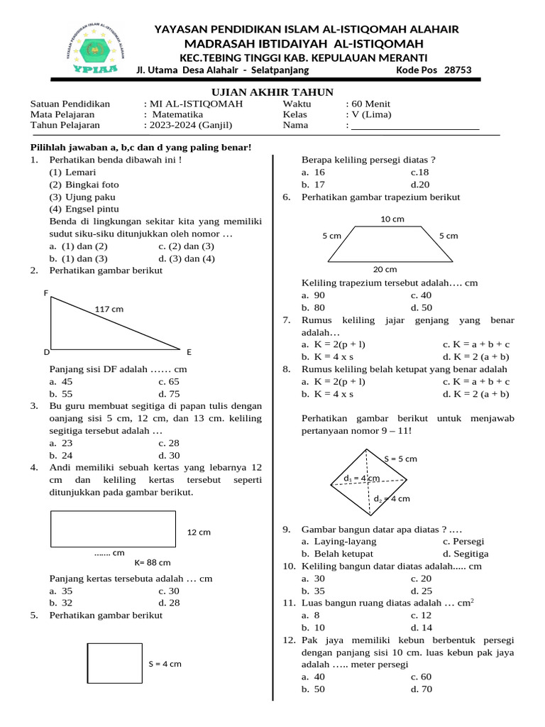 5 Soal PAT Matematika Kelas 5 Semester 2 Kurikulum 2013 dari Ruang Madrasah yang Wajib Dikuasai
