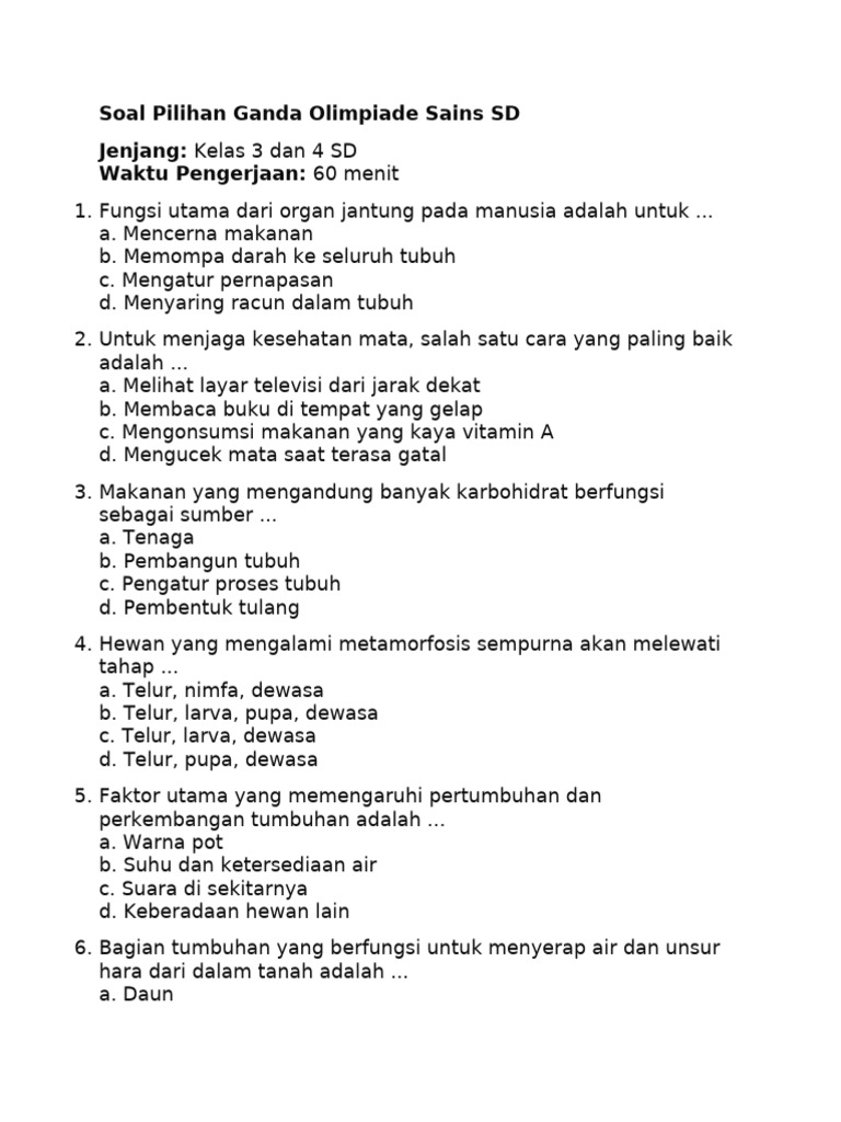 Soal Olimpiade Sains SD Level 2 PDF
