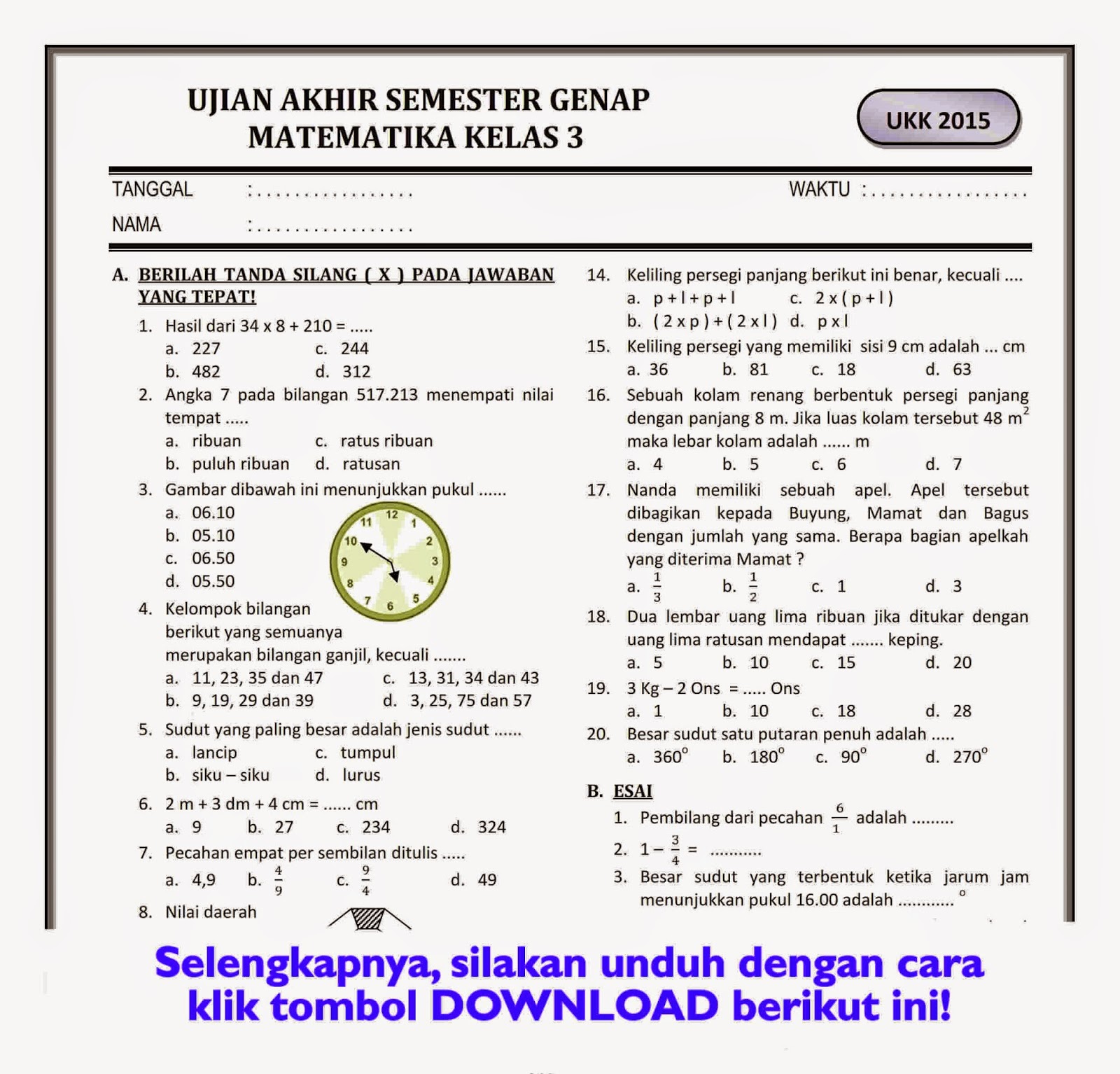 Akhirnya Tersedia Lembar Kerja Siap Cetak, Download Soal Mid Smt 2 Kelas 3 Tematik Sekarang Juga Sebelum Terlambat