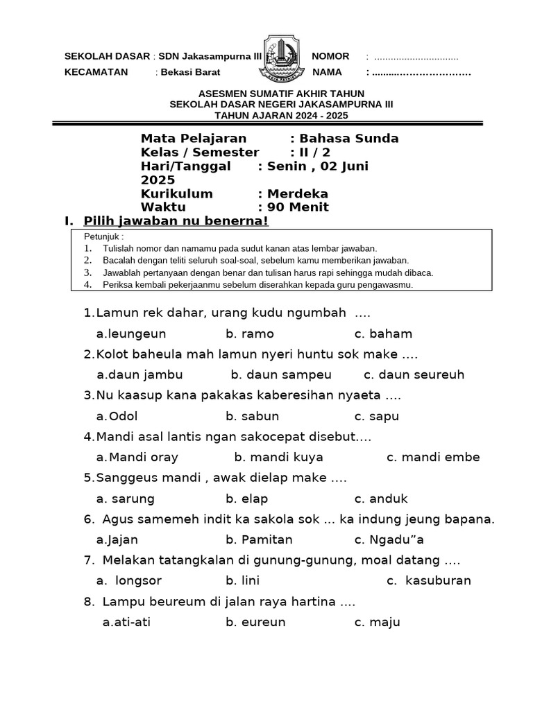 Ternyata Ini Kunci Jawaban Soal Basa Sunda Kelas 2 Semester 1 STS 2026 yang Bikin Nilai Sempurna