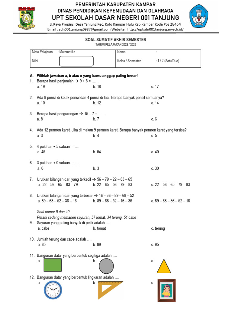 Soal Matematika Kelas 1 Semester 2 PDF