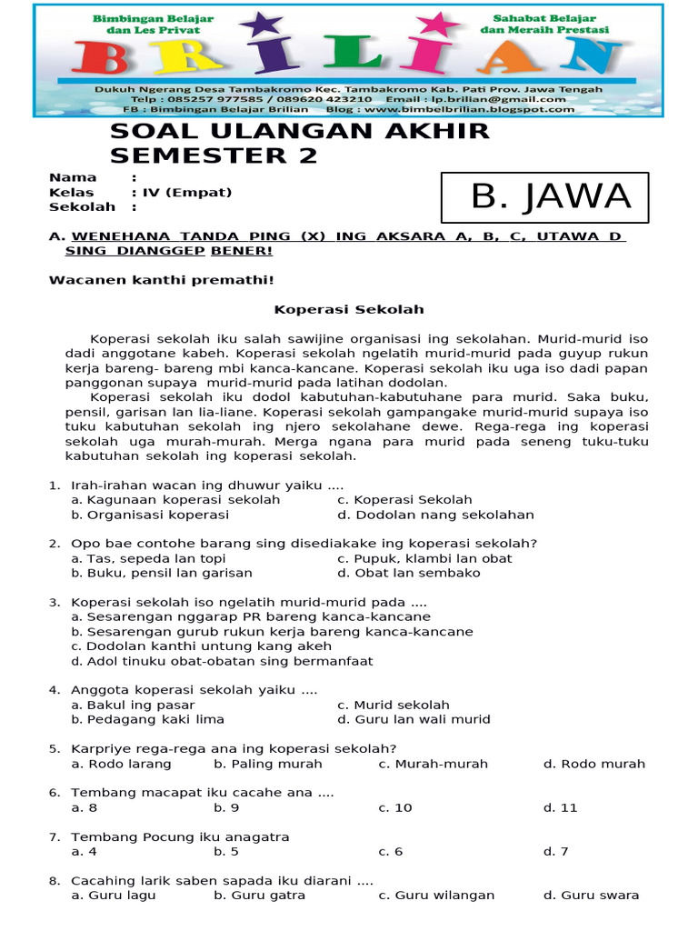 7 Rahasia Latihan Soal Bahasa Jawa Kelas 4 SD Semester 2 Wajib Diketahui Sebelum Ujian