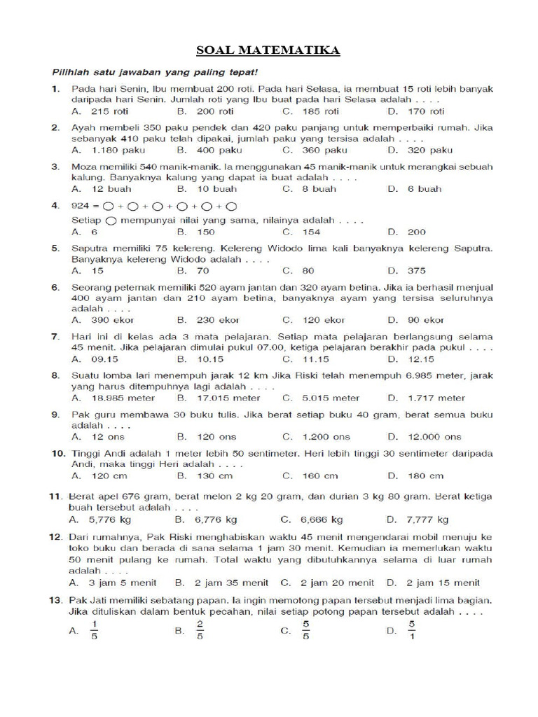 Soal Olimpiade Matematika Kelas 3 SD PDF