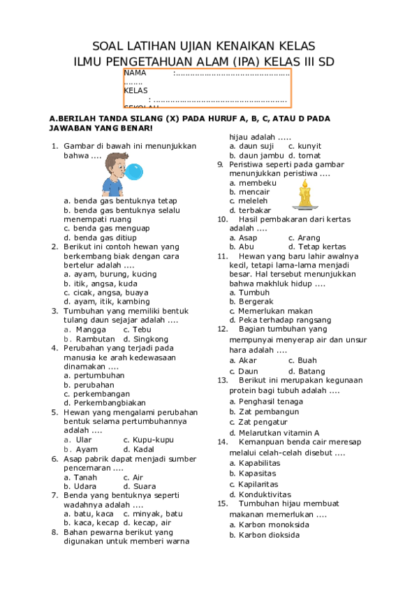 DOC CONTOH SOAL UKK IPA KELAS 3 SD