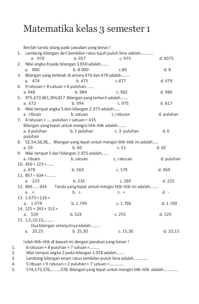 Soal Matematika kelas 3 sd semester 1