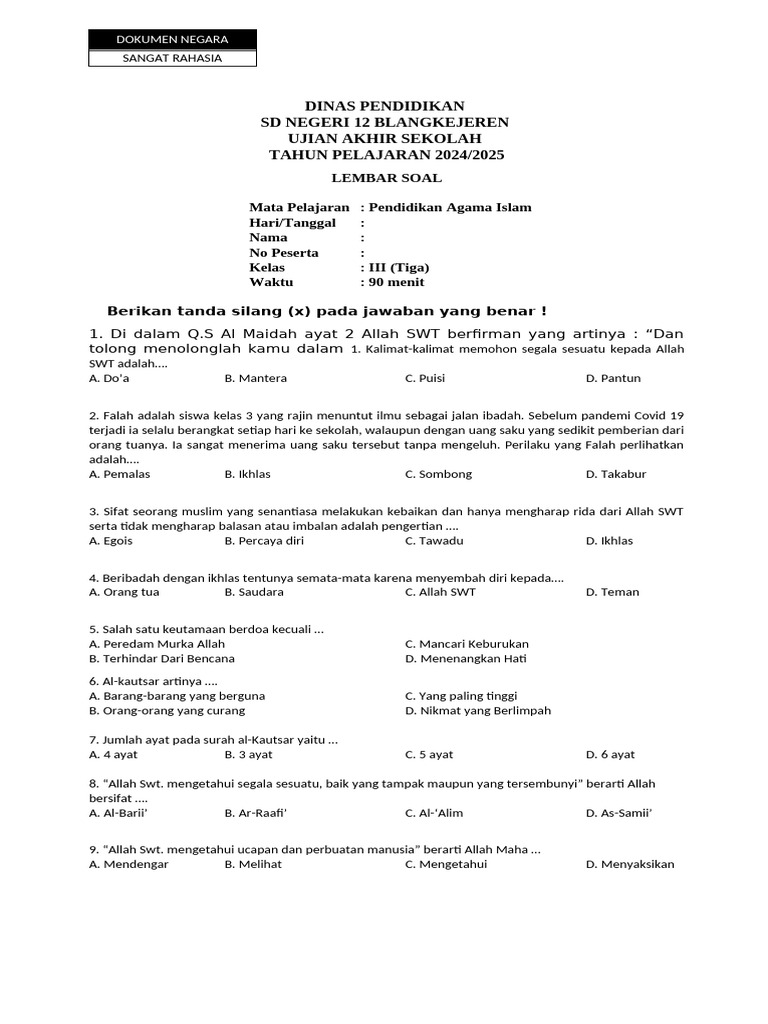 download soal pai sd kelas 3 semester 2 kurikulum 2013