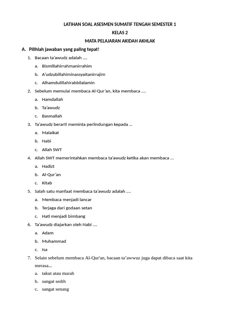 7 Bocoran Soal Akidah Kelas 2 Semester 1 Kurikulum 13 yang Wajib Kamu Kuasai Sekarang