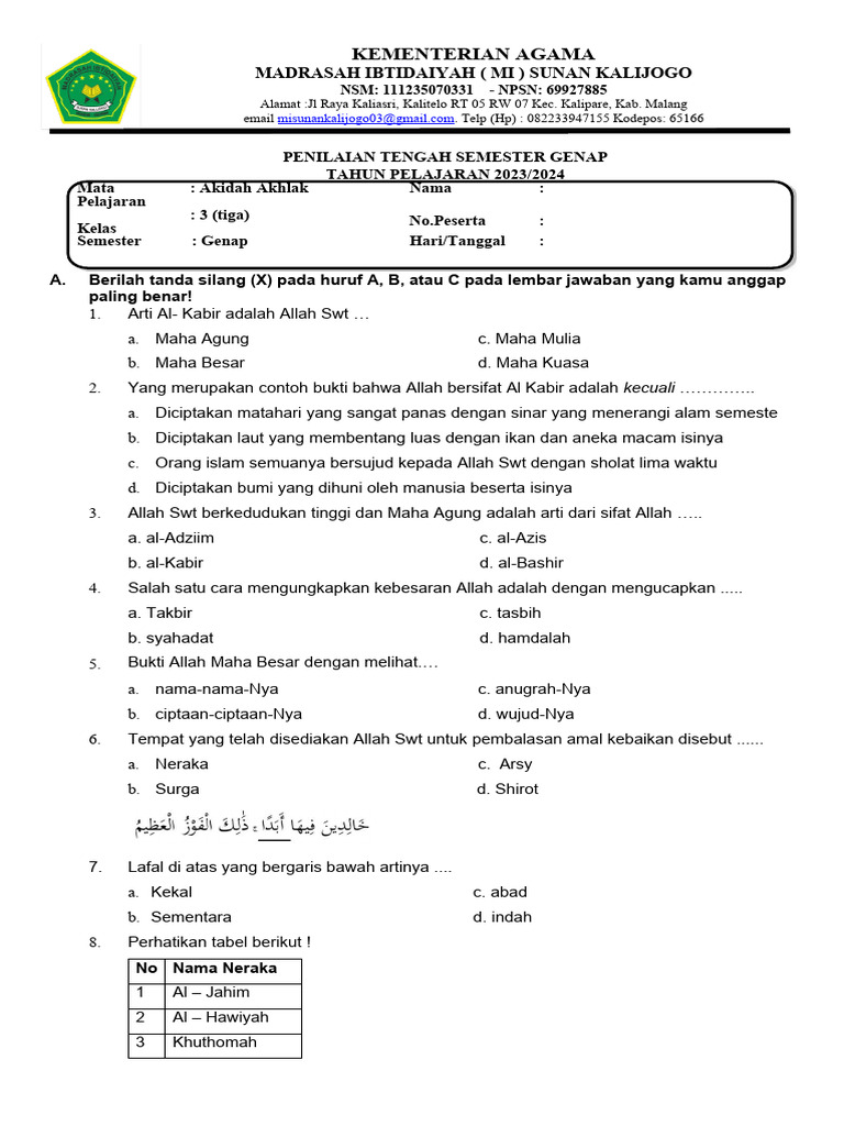 Rahasia Skor Sempurna Kerjakan Soal Akidah Akhlak MI Kelas 3 Smt 2 Agar Juara