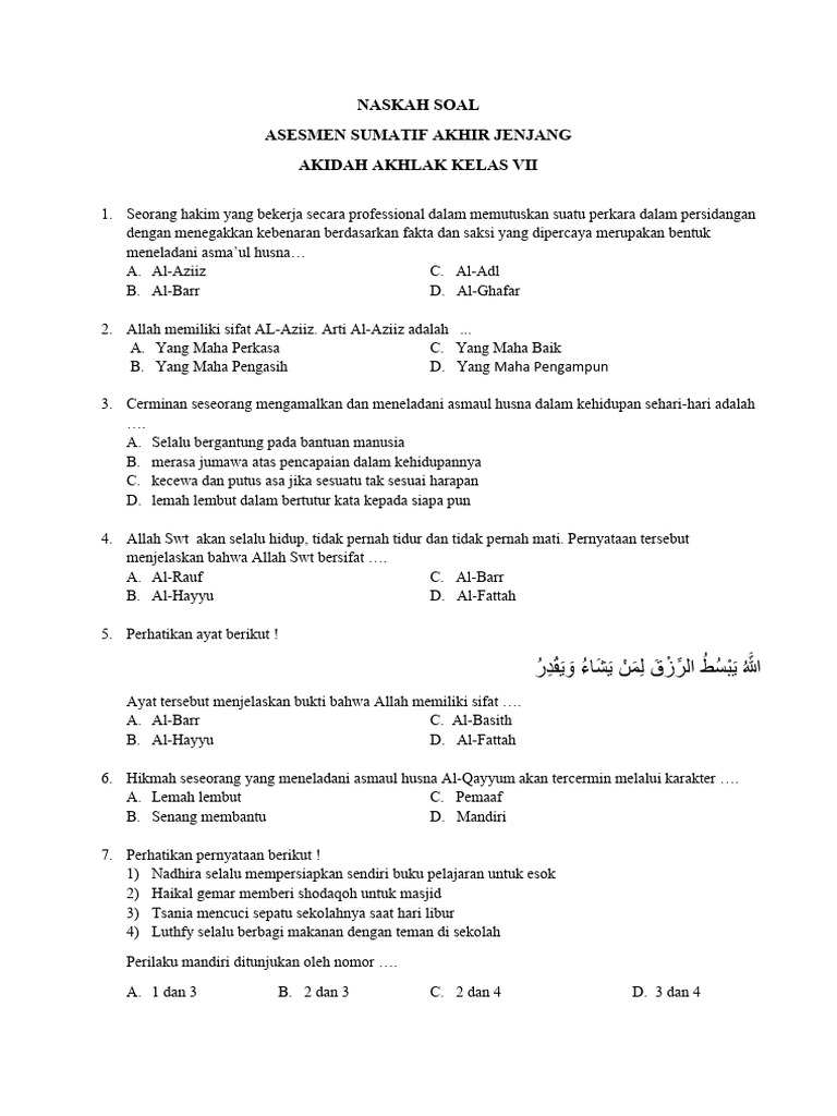 Wajib Tahu Bocoran Soal Akidah Akhlak MTs Kelas 7 Semester 2 Agar Nilai Sempurna